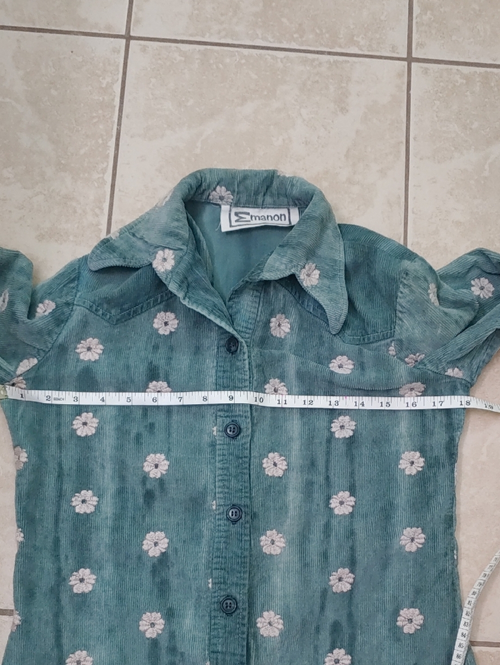 Vintage Floral Embroidered Button Front Shirt Teal Corduroy Women Emanon Size XS - Picture 4 of 8